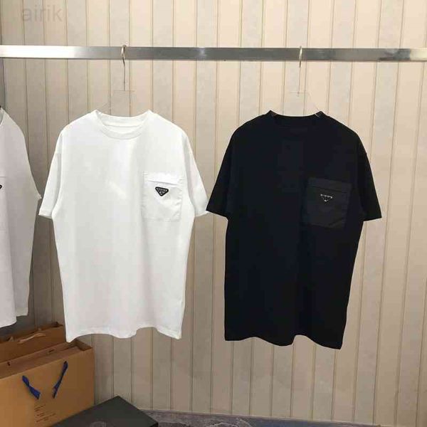 

2022 factory wholesale new high version ins fashion summer triangle pocket short sleeve t-shirt men and women couple round neck casual top, White;black