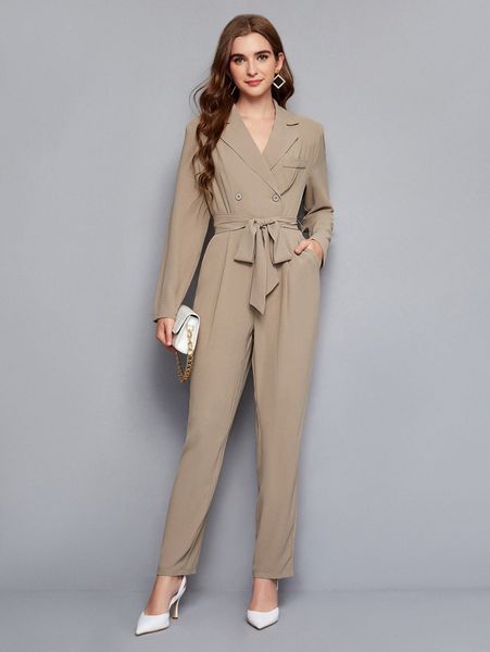 

notched collar buttoned front self belted jumpsuit z7la#, White