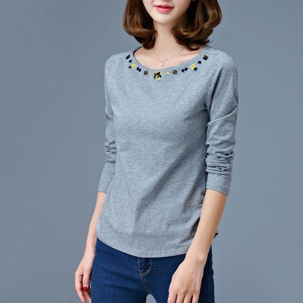 

simple ethnic embroidery long sleeve t shirt women cotton spring plus size ladies solid color white autumn bottoming tees