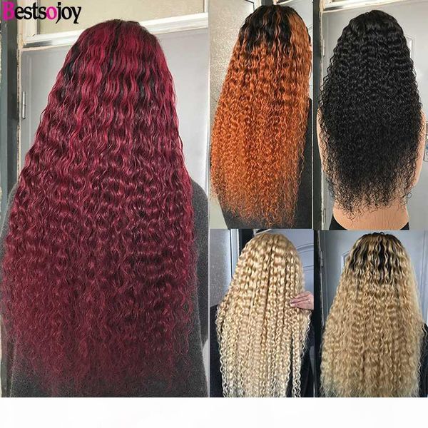 

ojoy curly human hair full 360 lace front wigs for women 613 blonde ombre mongolian remy 13x6 lace front wigs middle ratio, Black;brown