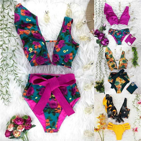 

stylish deep collar bikini floral print slim swimsuit split high waist bikinis ladies stretch vacation swimwear