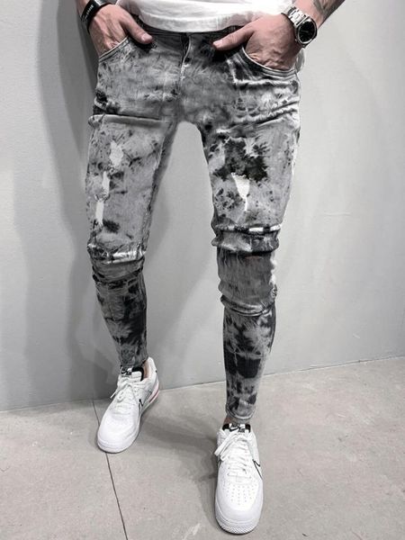 

men's jeans 2021 high -elastic skinny slant pocket bleach wash biker casual pencil long pants, Blue