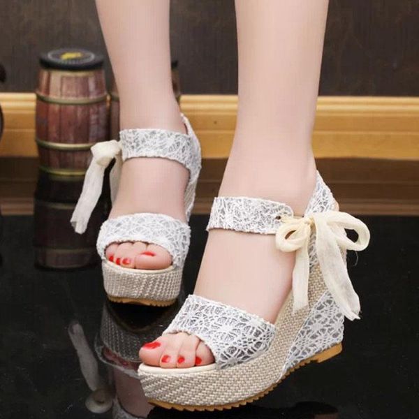 

sandals fashion women summer wedges women's platform lace belt bow flip flops open toe high-heeled shoes, Black