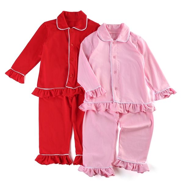 100% Cotton Navy Solid Color Jungen Mädchen Nachtwäsche -Knopf -Familie Geschwister passen Kinder Weihnachten Ruffle Kinder Pyjama 211105