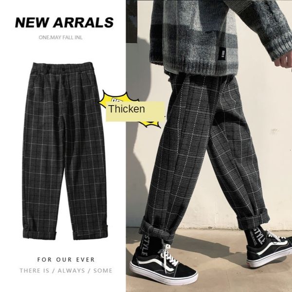 

2021 new autumn winter thick woolen men's fashion casual retro plaid men streetwear straight leg pants mens vdng, Black