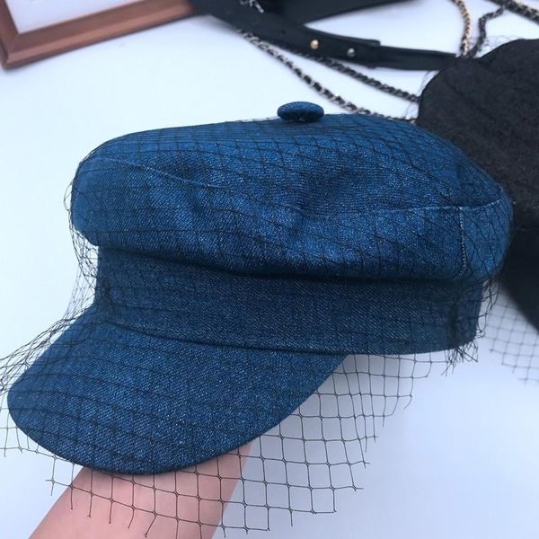 

berets cowboys cap bud silk gauze chun xia aristocratic wind de female hat denim sailor, Blue;gray
