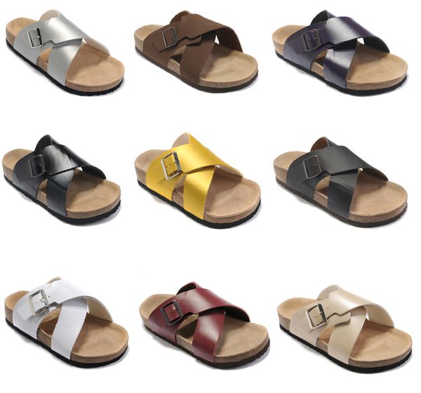 

boken genuine leather slippers mens flat sandals women shoes one buckle design arizona summer beach with orignal box 35-46, Black