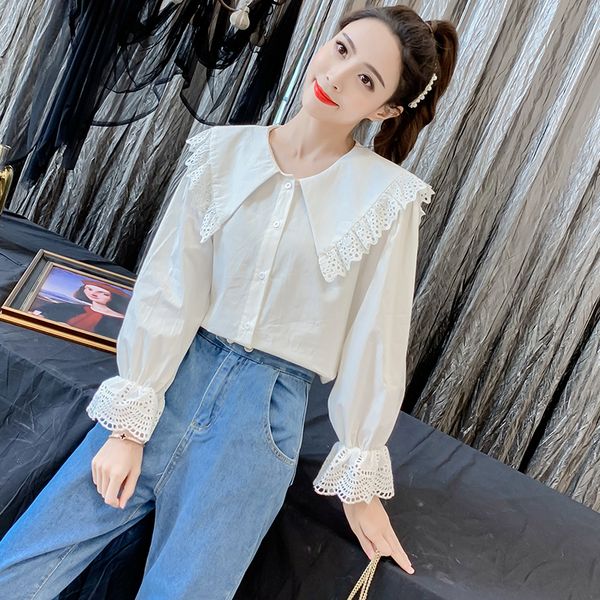

2021 new spring summer sweet women blouse sailor collar lantern sleeve white short shirts female single breasted e27v, Tan;black