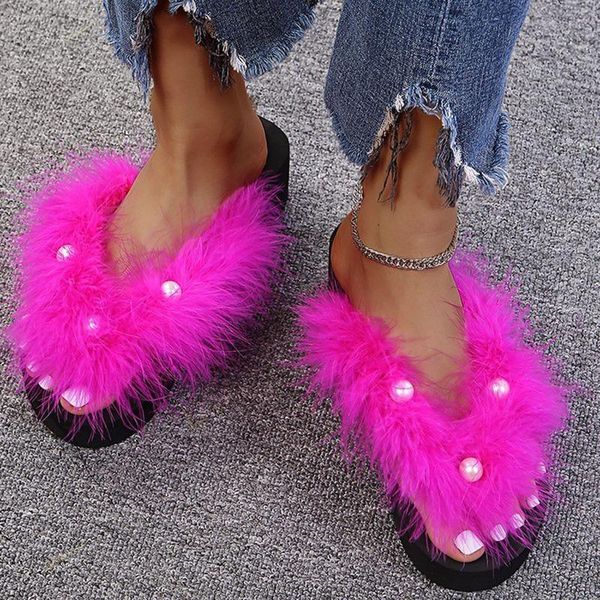 

slippers women's flip-flops 2021 summer for women fashion furry pearl sandals beach thick bottom open-toe comfortable shoes, Black