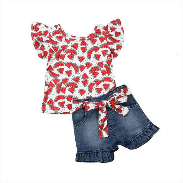 

summer newborn kids baby girls floral t-shirt denim pants shorts cute set outfits, White