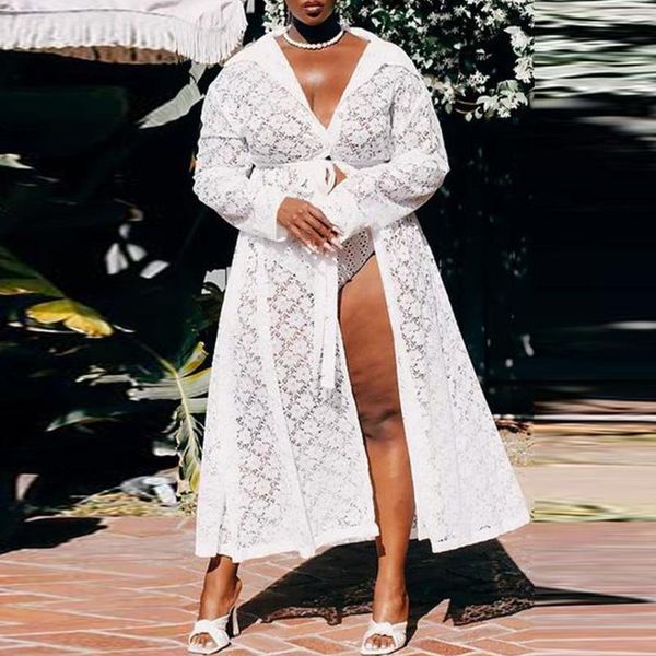 

plus size outerwear & coats lace long coat white elegant women classy autumn outwear african ladies hollow out up casual loose cardigan, Black