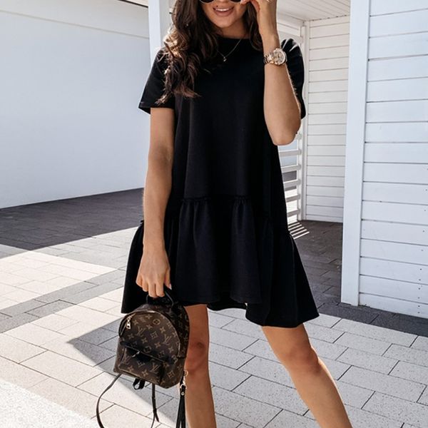 

new women summer ruffles t-shirt casual round neck mini female irregular short sleeve black sun vestidos 2021 60wt, Black;gray