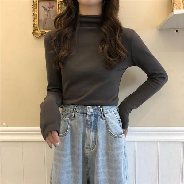 

women's t-shirt spring autumn t-shirts women long sleeve slim solid turtleneck womens basic simple leisure bottoming t shirt wholesale, White