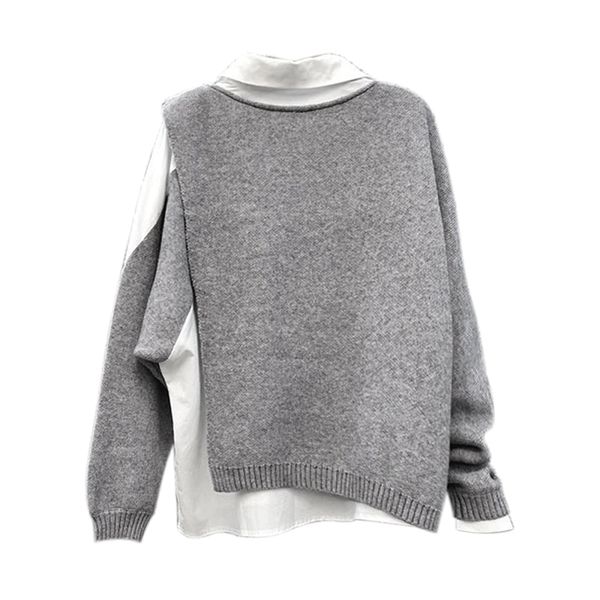 

korean patchwork knitted sweatshirt for women lapel long sleeve fake two casual sweatshirts female fashion new 2021, Black