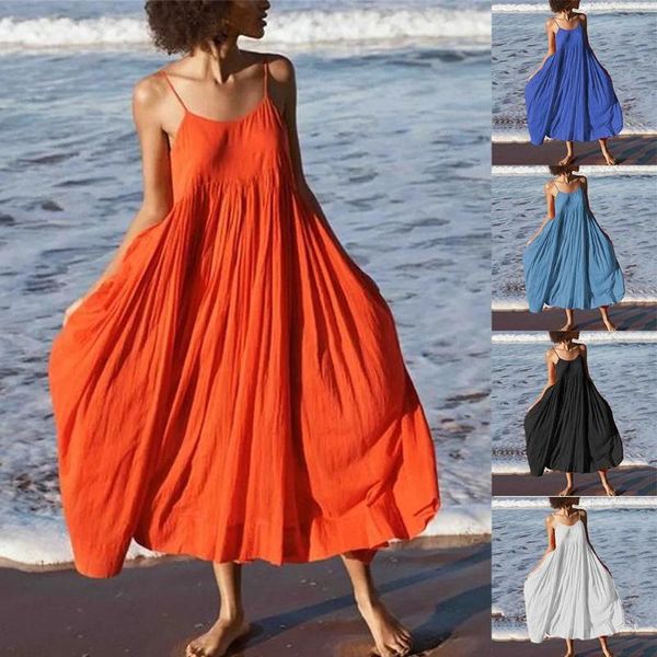 

casual dresses 2021 summer women bohemian dress solid color sleeveless cotton ladies slip date slim for beach holiday, Black;gray