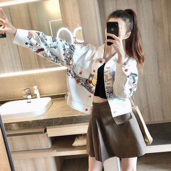 

women's sweaters girl jeans fun white graffiti, tool jacket loose korean short casual. rnrg, White;black
