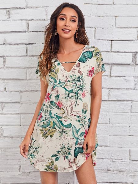 

keyhole neck tropical print dress b7wi#, Black;gray