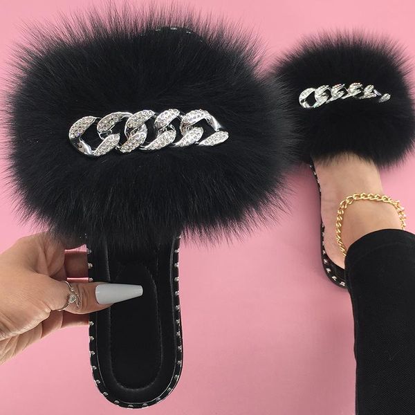 

slippers women summer fluffy furry slides shoes fashion fur for wholesale real, Black
