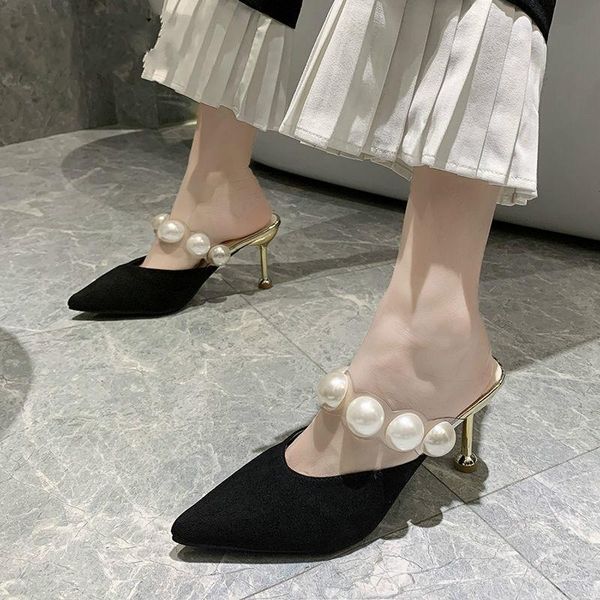 

women pu toe thin heel shoes luxury designer shallow high-heeled slippers pointed toe slipper women, Black