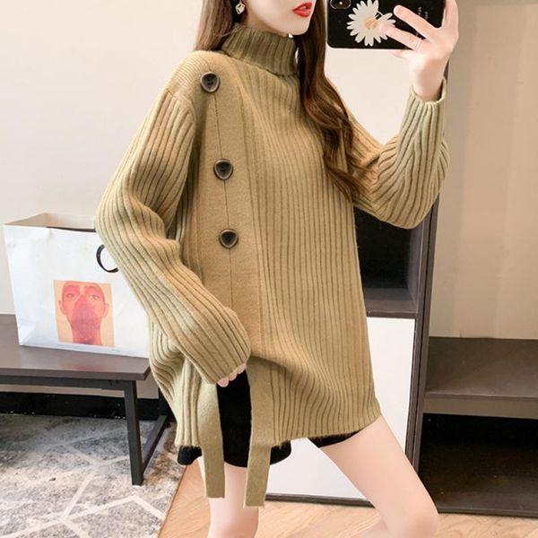 

women's sweaters women sweater korean turtleneck solid fashion button thread split chic vintage stretchy loose female knitted winter, White;black