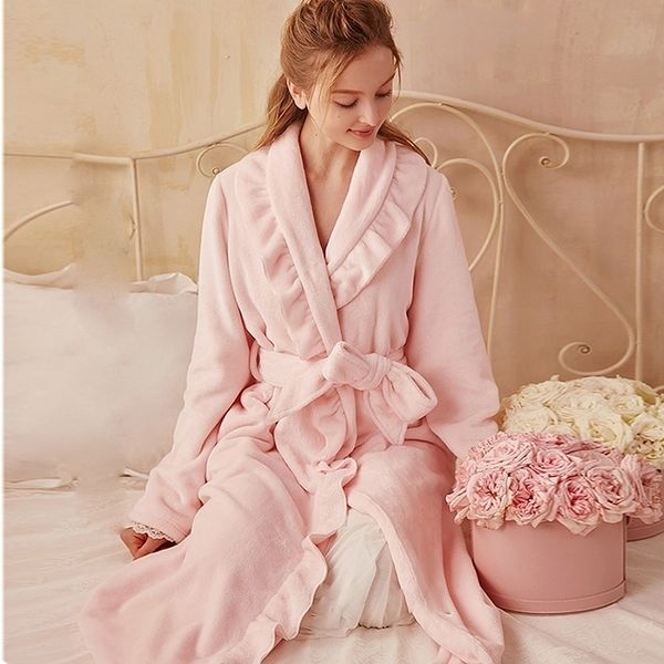 

autumn winter women sleepwear flannel robe thicken ruffle pajamas.lolita lady bathrobes nightgown robes dressing gown loungewear 210203, Black;red