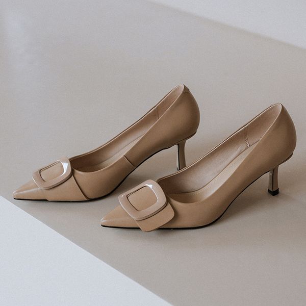 

womens genuine leather big buckle pointed toe slip-on pumps elegant ladies ol style slim thin high heel evening dress shoes hot, Black