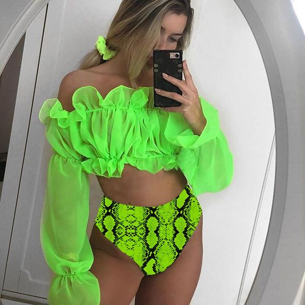 

neon green bikini 2 piece set butterfly sleeve off shoulder ruffles crop high waist snake skin panty lady beach bathing suit