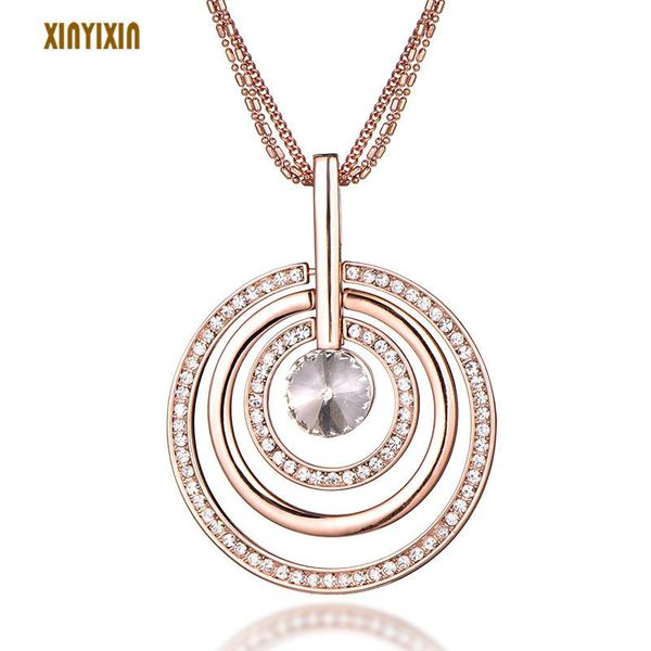 

pendant necklaces luxury round crystal circles long necklace for women elegant office jewelry three-in-one chain rose gold christmas gift, Silver