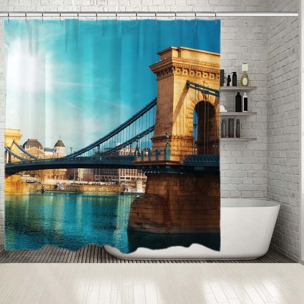 

shower curtains curtain chain bridge over river danube budapest hungary europe landmark historic architecture blue camel color