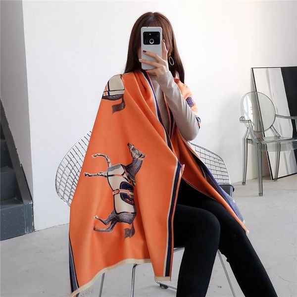 

scarves 2021 winter scarf women fashion horse print shawls and wraps thick warm cashmere pashmina large echarpe, Blue;gray