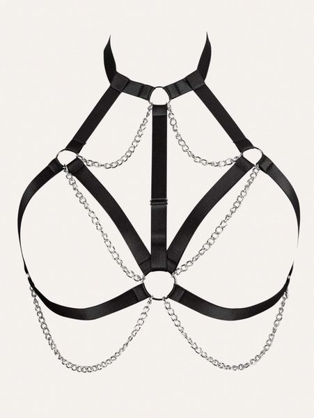 

plus cut-out ring linked harness bra q7ly#, Black;white