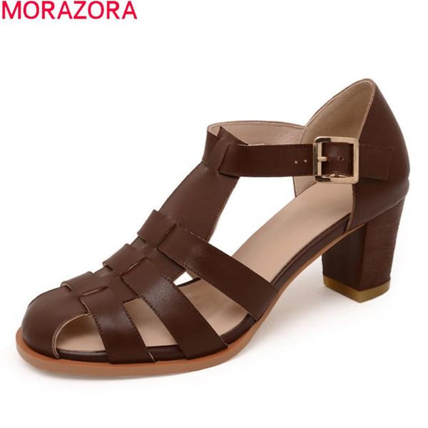 

dress shoes morazora 2021 brand summer high heels genuine leather hollow ladies casual solid color buckle women pumps, Black