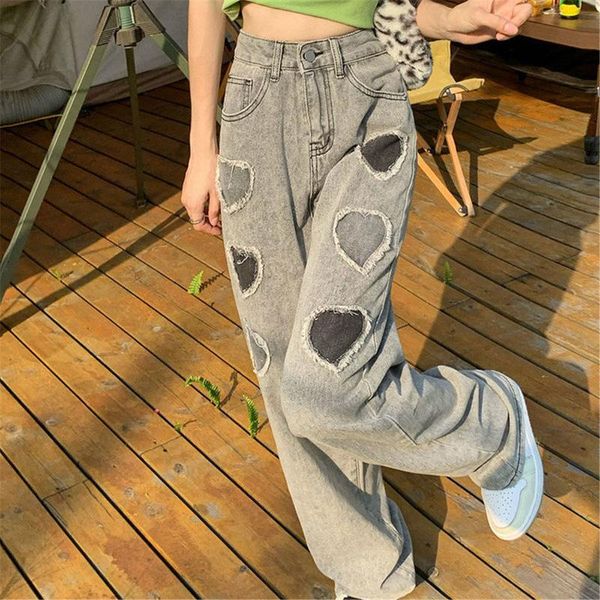 

women's jeans cute heart print pants funny wash women spring 2021 high waist straight gothic street skeleton denim, Blue