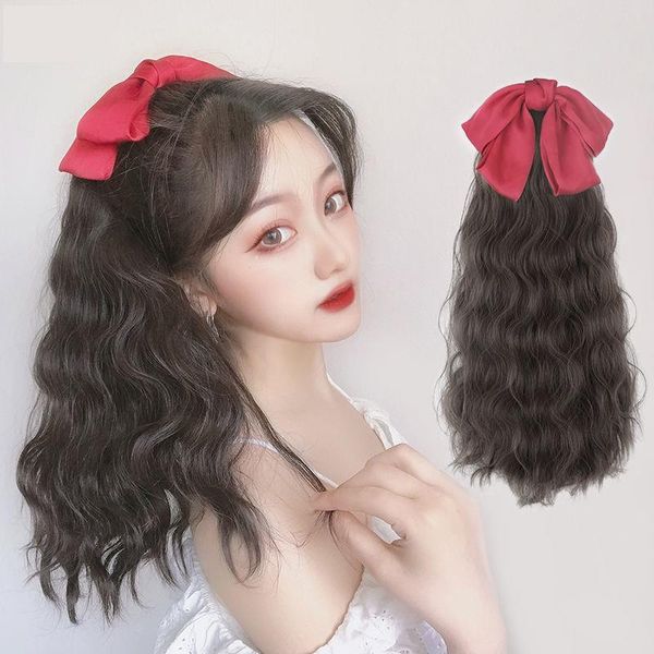 

synthetic wigs lanlan ponytail wig female black, red bow wavy bandage medium long hair curly braid