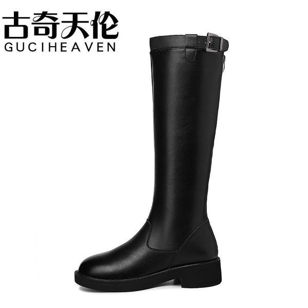 

boots women's autumn and winter round toe high tube but knee knight leather, Black