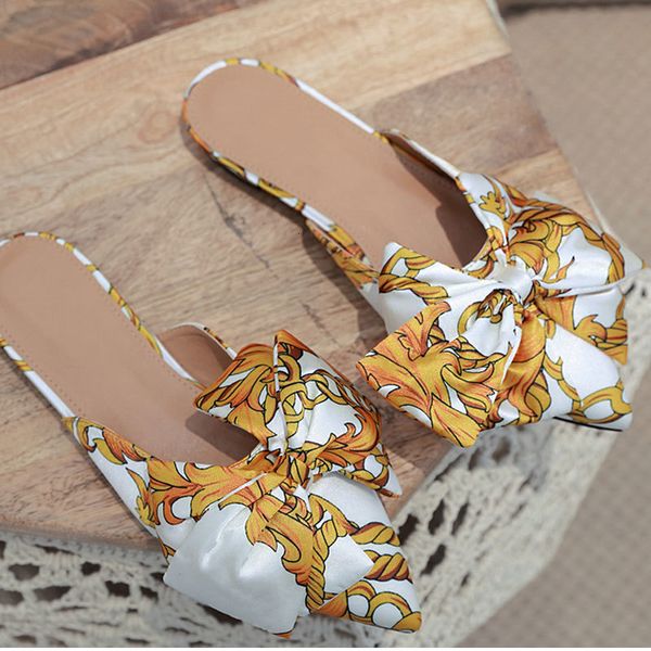 

dress shoes plus size 35-41 designer autumn women slippers floral silk bowtie casual flat mules ladies pointed toe outdoor female slides fgk, Black