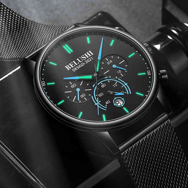 

belushi 2021 new fashion luxury brand sport quartz luminous waterproof chronograph wristwatch mens watches, Slivery;brown