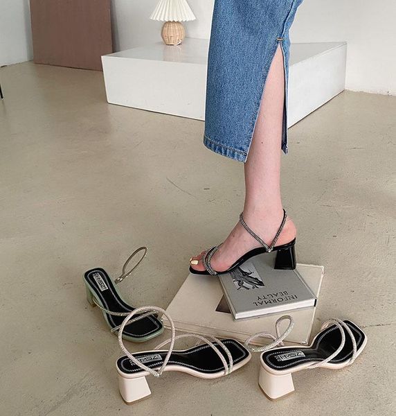 

med open toe sandals clear heels fashion womens shoes 2021 suit female beige all-match medium peep rhinestone luxury high, Black