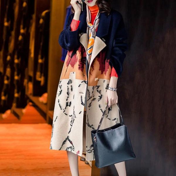 

women wool blend warm long coat plus size female slim fit lapel woolen overcoat autumn winter cashmere outerwear, Black