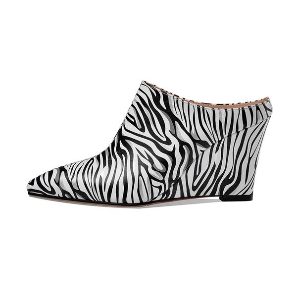 Womens Genuine Leather Zebra Padrão Slip-on High High Heel Slides Pointed Toe 2020 Primavera New Sexy Senhoras Vestir Bombas Sapatos