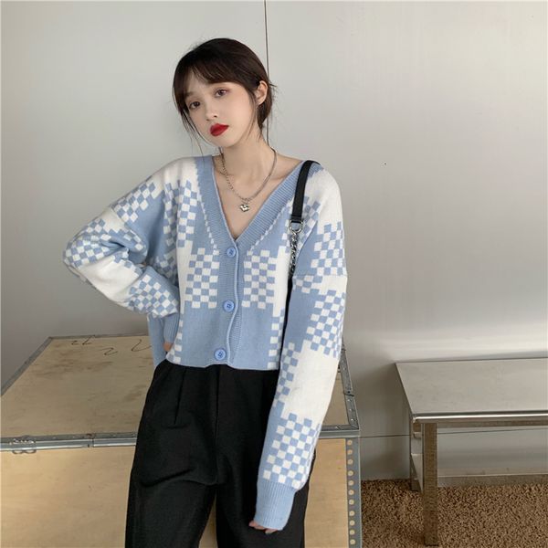 

2021 new autumn loose japanese checkered color matching retro knitted sweater open stitch coat short v1nw, White;black