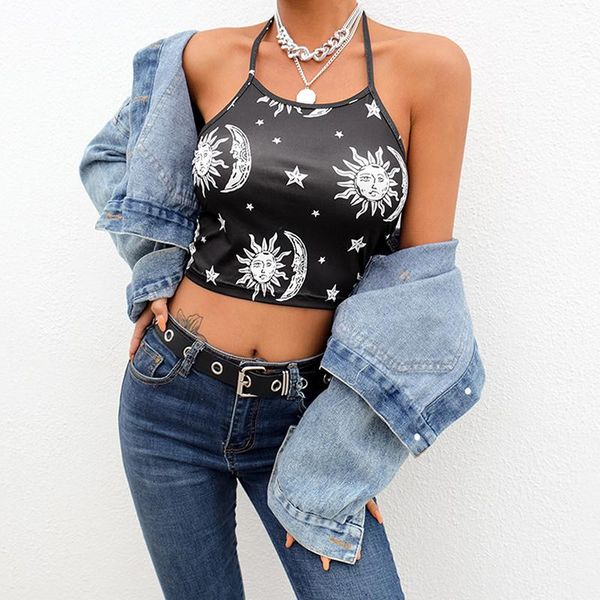 

women's tanks & camis vintage crop women printed backless tank sleeveless summer korean style kawaii cropped feminino, White