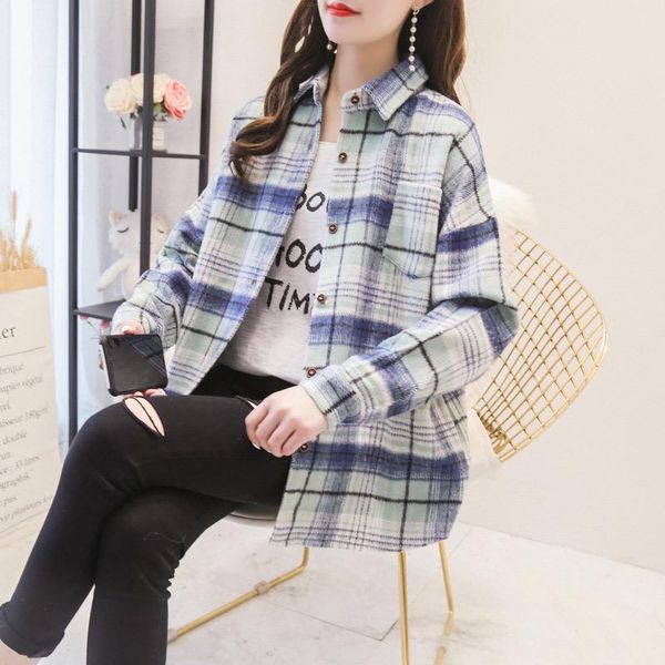 

shirt warm female women's spring plaid jacket warm shirts coat korean insulated outerwear woolen thickening loose button ladies, Black;brown