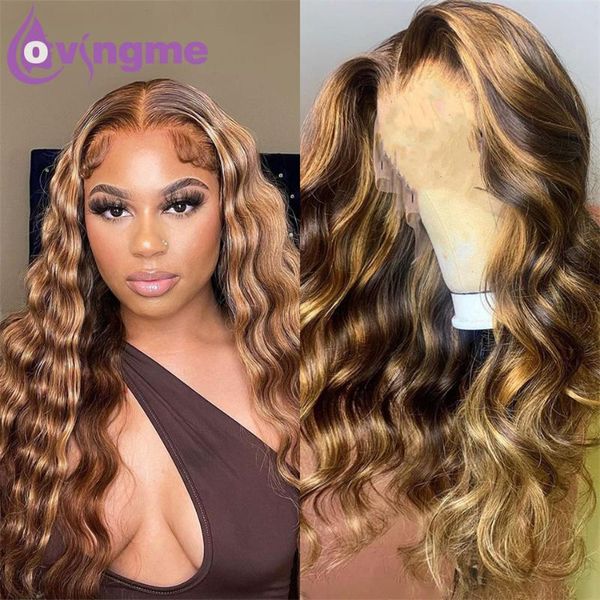 

lace wigs 30inch glueless 13x4lace front human hair wig body wave highlight ombre pre plucked remy frontal black women, Black;brown