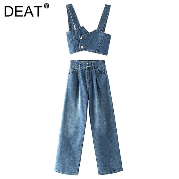 

women's two piece pants [deat] 2021 summer fashion tide sleeveless denim high waist solid color wide leg jeans women two-piece suit 13, White