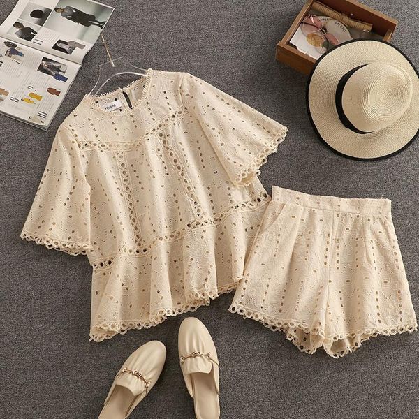 

women's tracksuits women shorts sets french vintage summer 2021 hollow out lace blouses + suits fashion elegant female 2 pieces, Gray