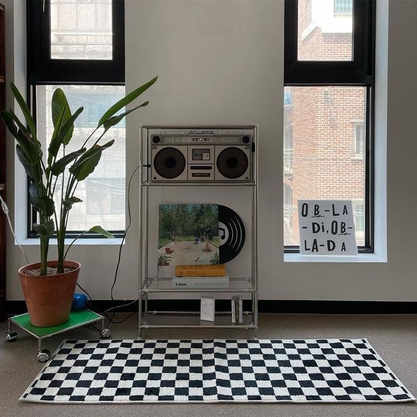 

carpets modern style vintage black and white plaid runner rug , ins popula decorative geometric bedside carpet soft fleece floor mat