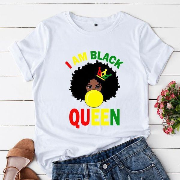 

new summer black girl africa map hair crown women's t shirt i am black queen female t-shirt fashion casual tees, White