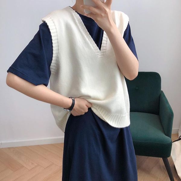 

women's vests 2021 women autumn vest v-neck sleeveless knitting material chic pullovers chaleco mujer gilet casaco feminino, Black;white