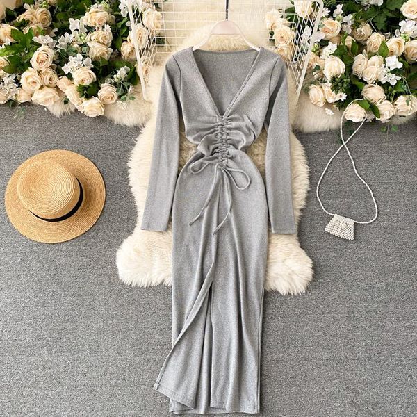 

drawstring pleated deep v-neck knitted bodycon dress women fashion autumn long sleeve front split midi party dress vestidos, Black;gray